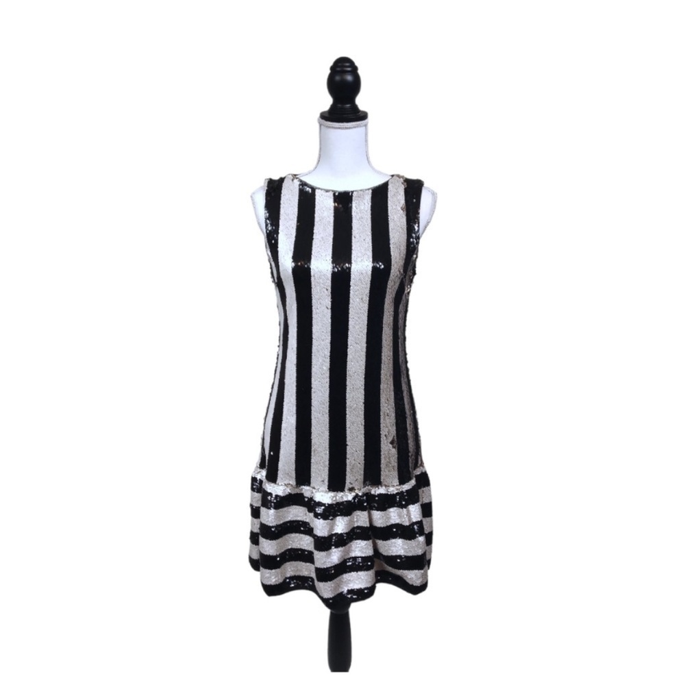 Betsey Johnson Black & Ivory Striped Sequin Ruffle Hem Mini Dress. Size 2. #630 - Picture 3 of 9